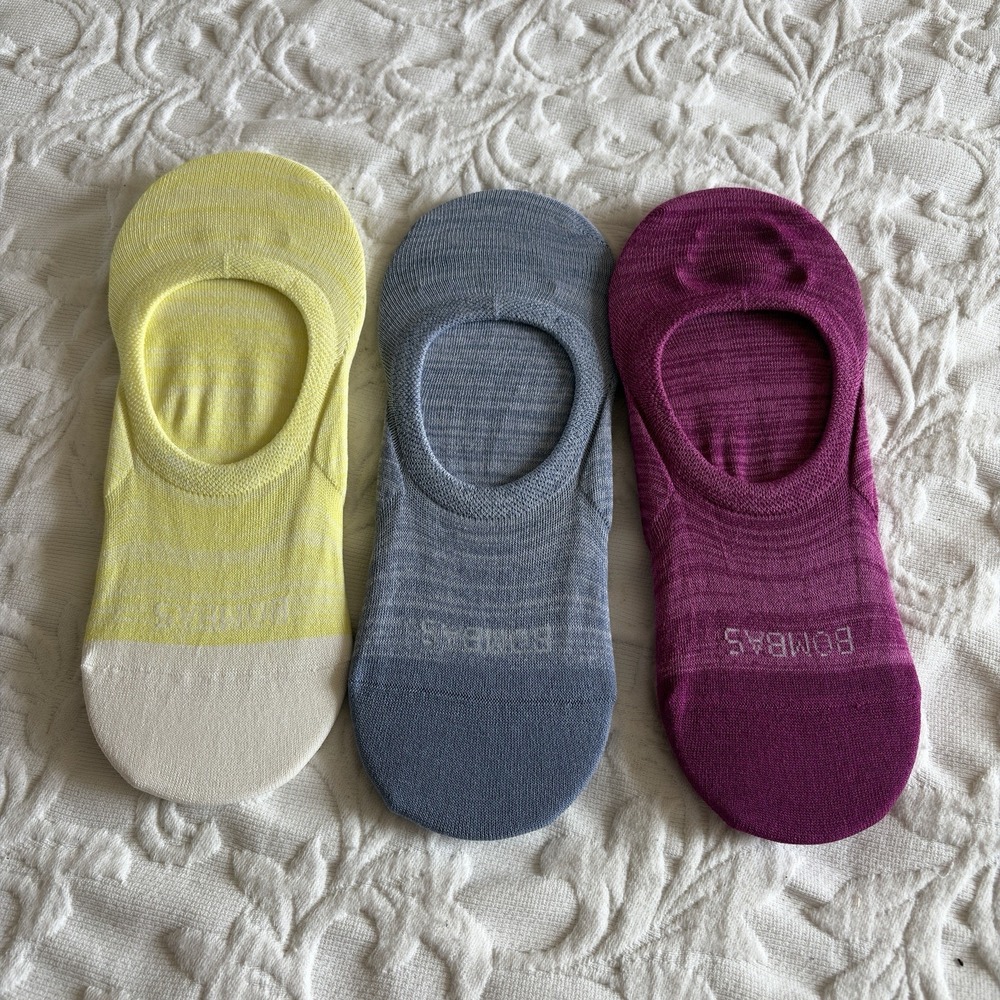 Lot Of 3 Bombas No Show Multicolor Socks Medium Gripper Blue Yellow Purple